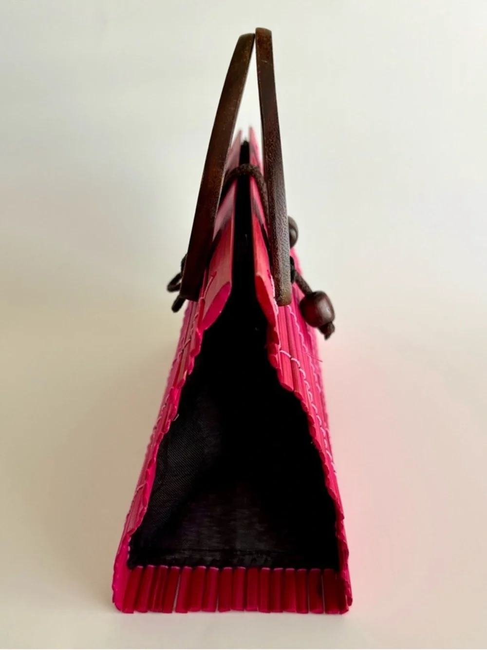 Pink Bamboo Slat Handbag Wooden Handles Boho Resort Bag
